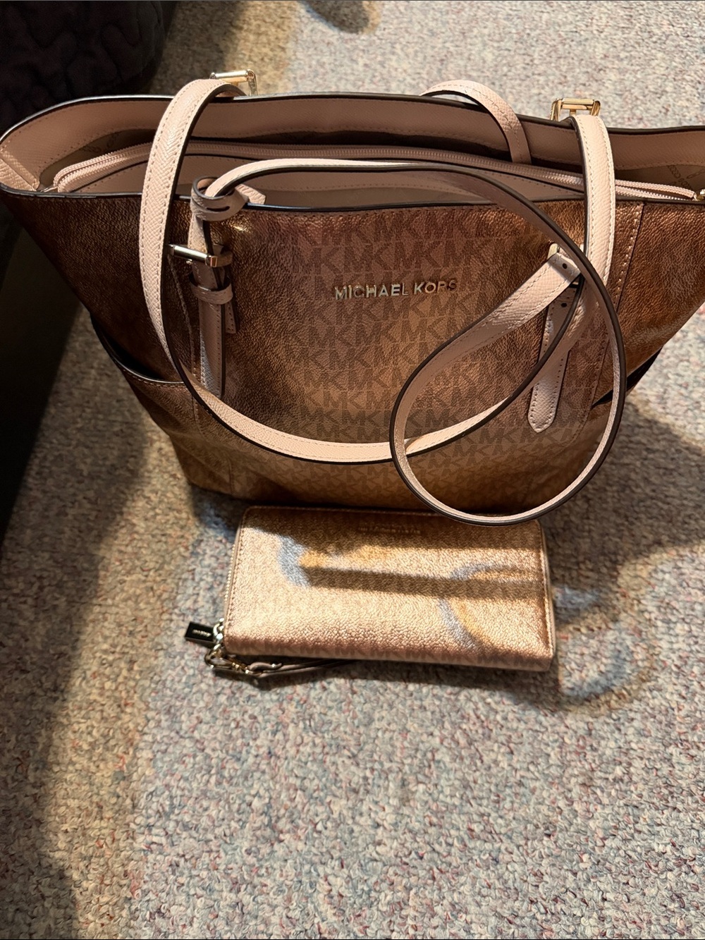 Michael Kors Brown Monogram Tote with Pale Pink Trim and Matching Wallet